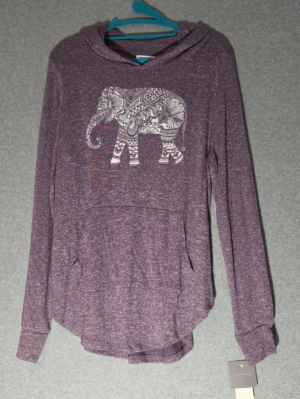 Grayson Threads Purple Heathered Lightweight Hoodie with White Elephant Graphic